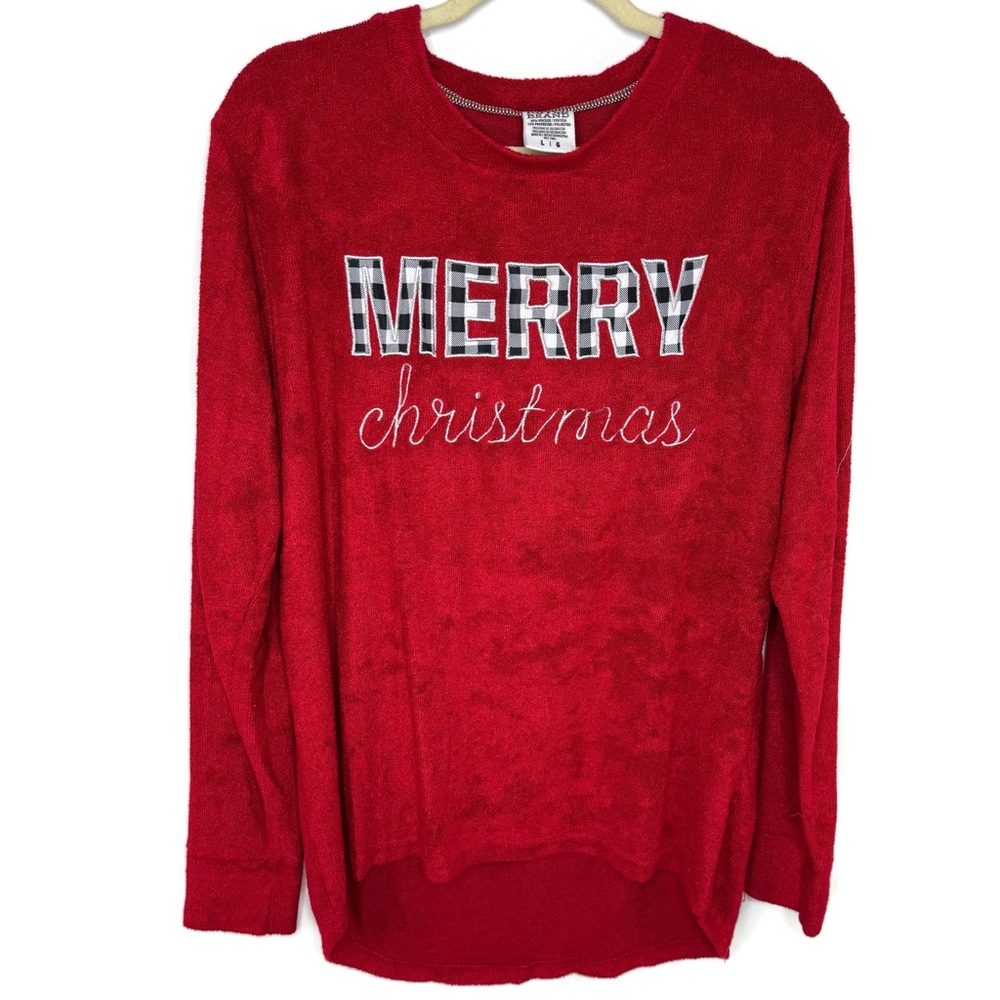 Festive Red Long Sleeve Christmas Tee Embroidered Lettering